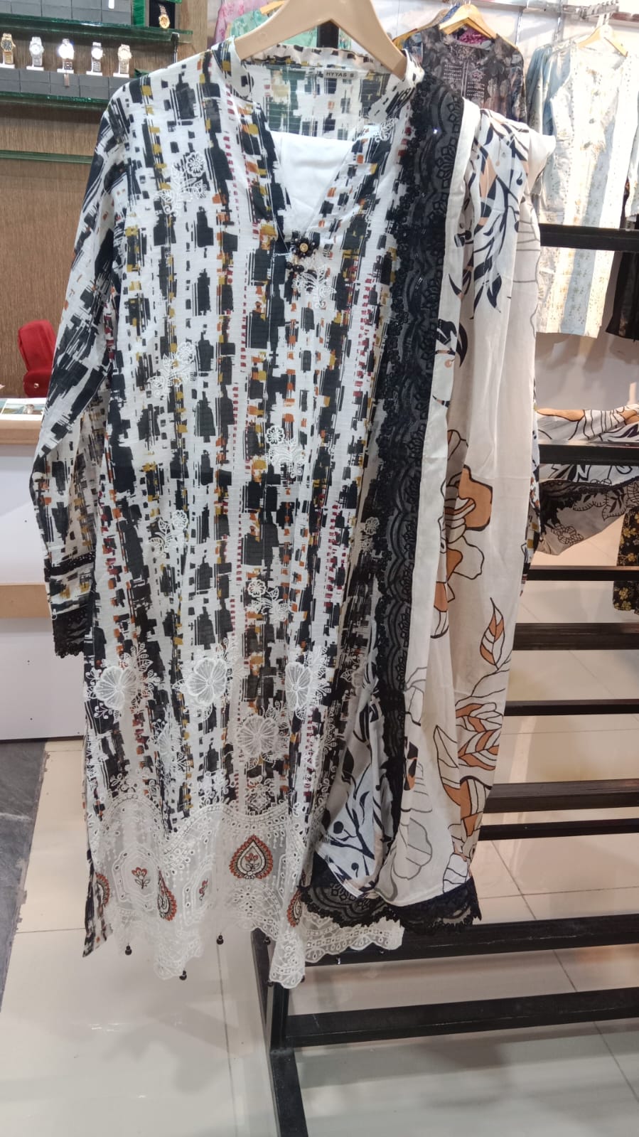 Premium Striped Lawn Digital Printed Daman Applique Tissue Lace Shirt | Digital Printed Voil Dupatta | Comfort Dyed Trouser