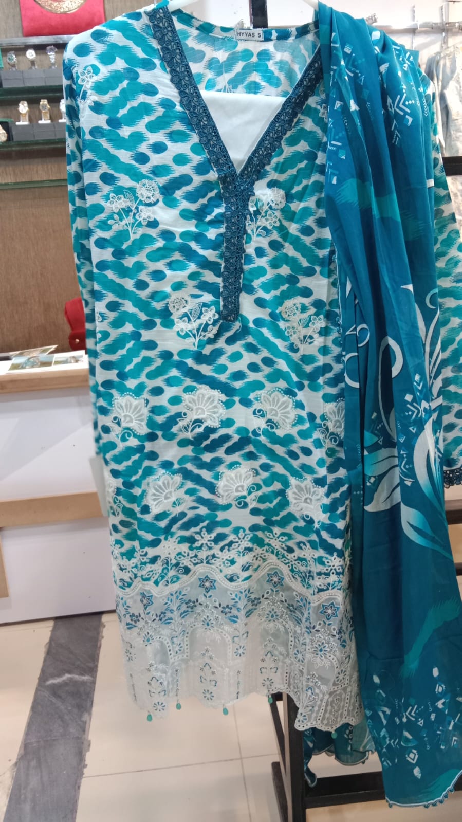 Premium Striped Lawn Digital Printed Daman Applique Tissue Lace Shirt | Digital Printed Voil Dupatta | Comfort Dyed Trouser