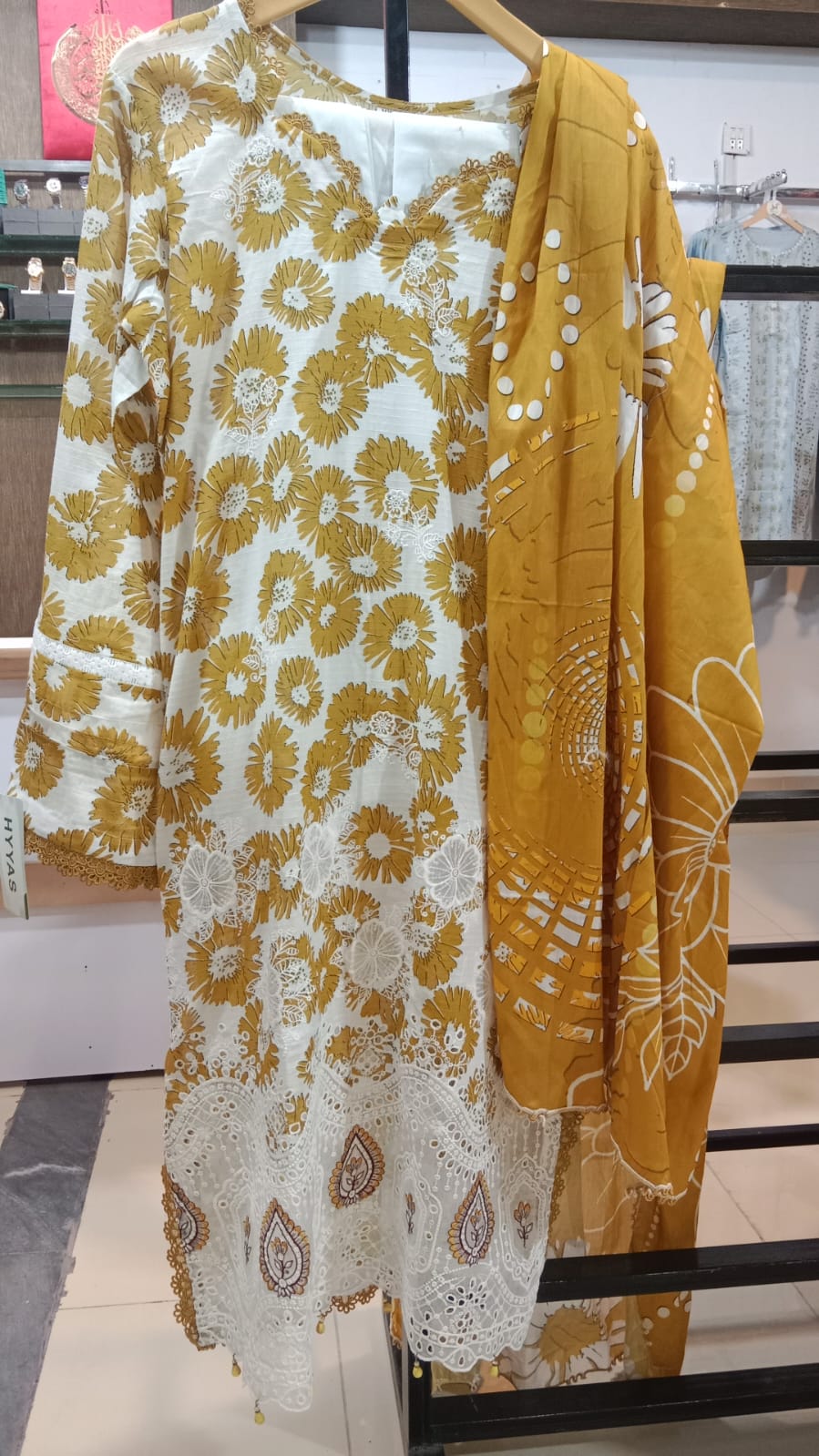 Premium Striped Lawn Digital Printed Daman Applique Tissue Lace Shirt | Digital Printed Voil Dupatta | Comfort Dyed Trouser