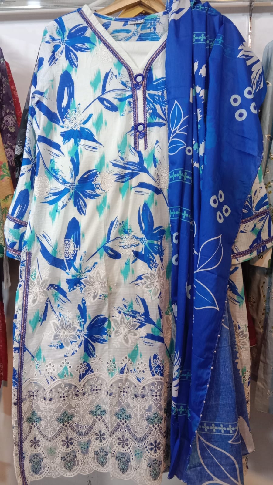 Premium Striped Lawn Digital Printed Daman Applique Tissue Lace Shirt | Digital Printed Voil Dupatta | Comfort Dyed Trouser