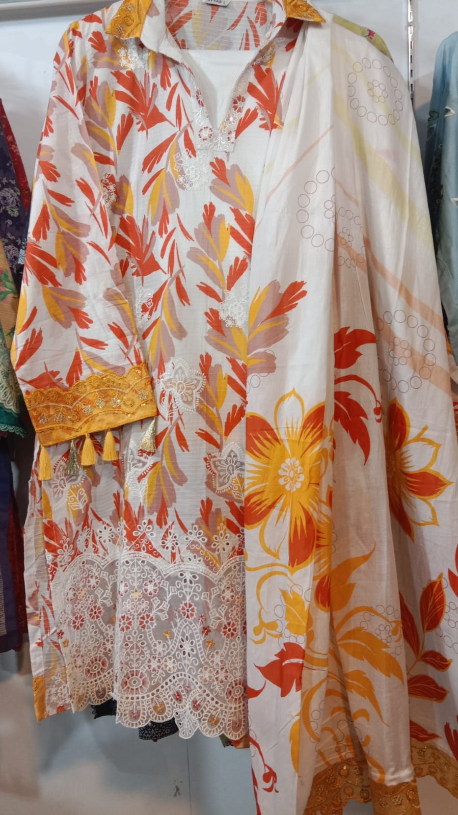 Premium Striped Lawn Digital Printed Shirt with Daman Applique Tissue Lace | Digital Printed Voil Dupatta | Comfort Dyed Trouser