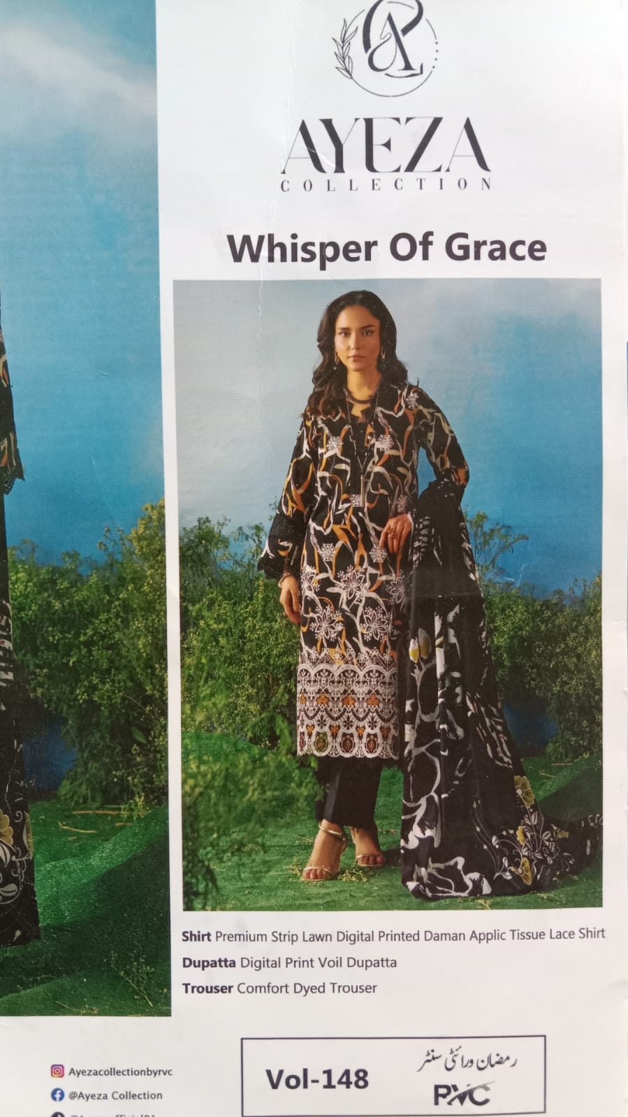 Premium Striped Lawn Digital Printed Shirt with Daman Applique Tissue Lace | Digital Printed Voil Dupatta | Comfort Dyed Trouser