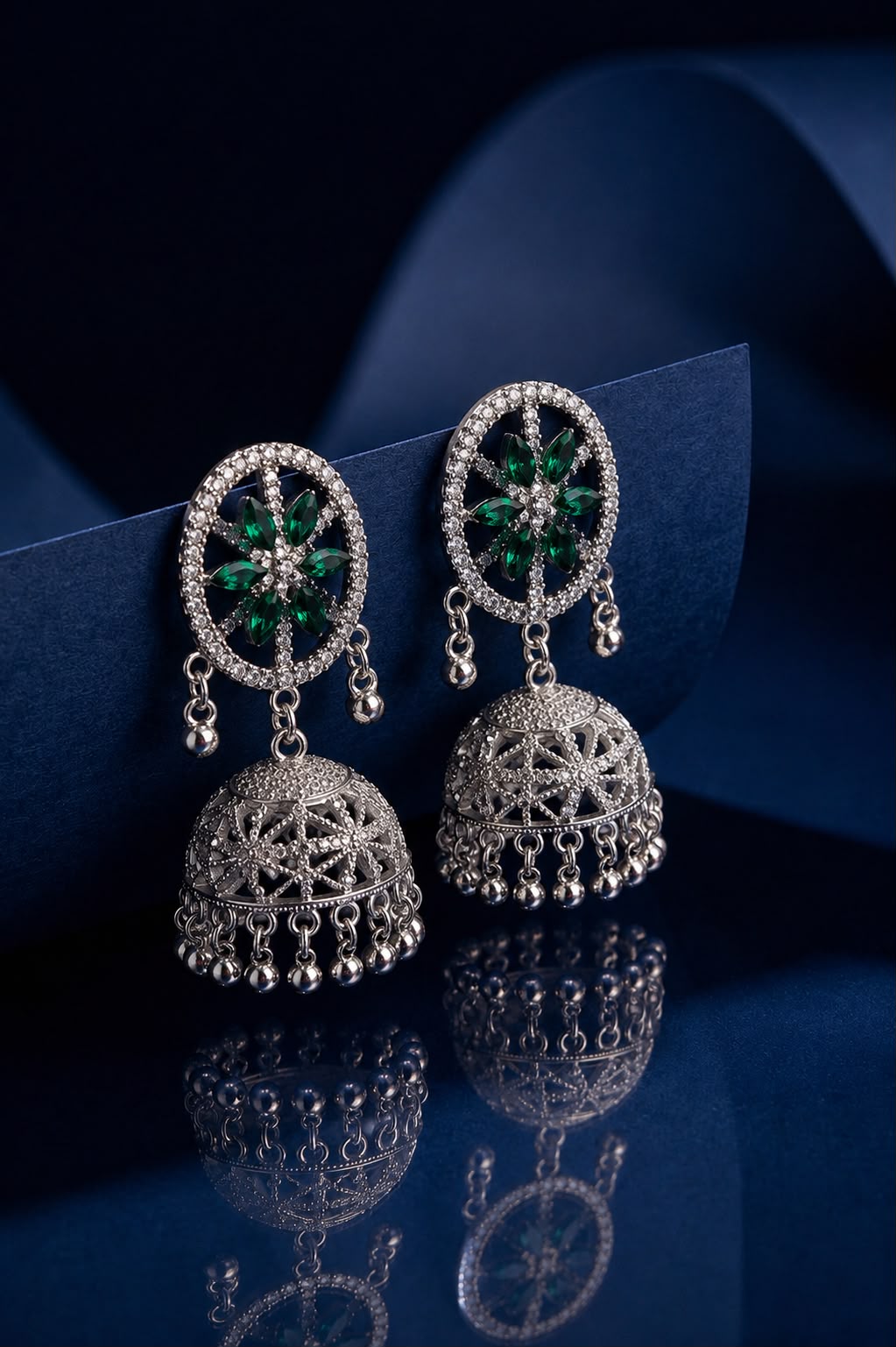 Emerald Bloom Oxidized Jhumka Earrings