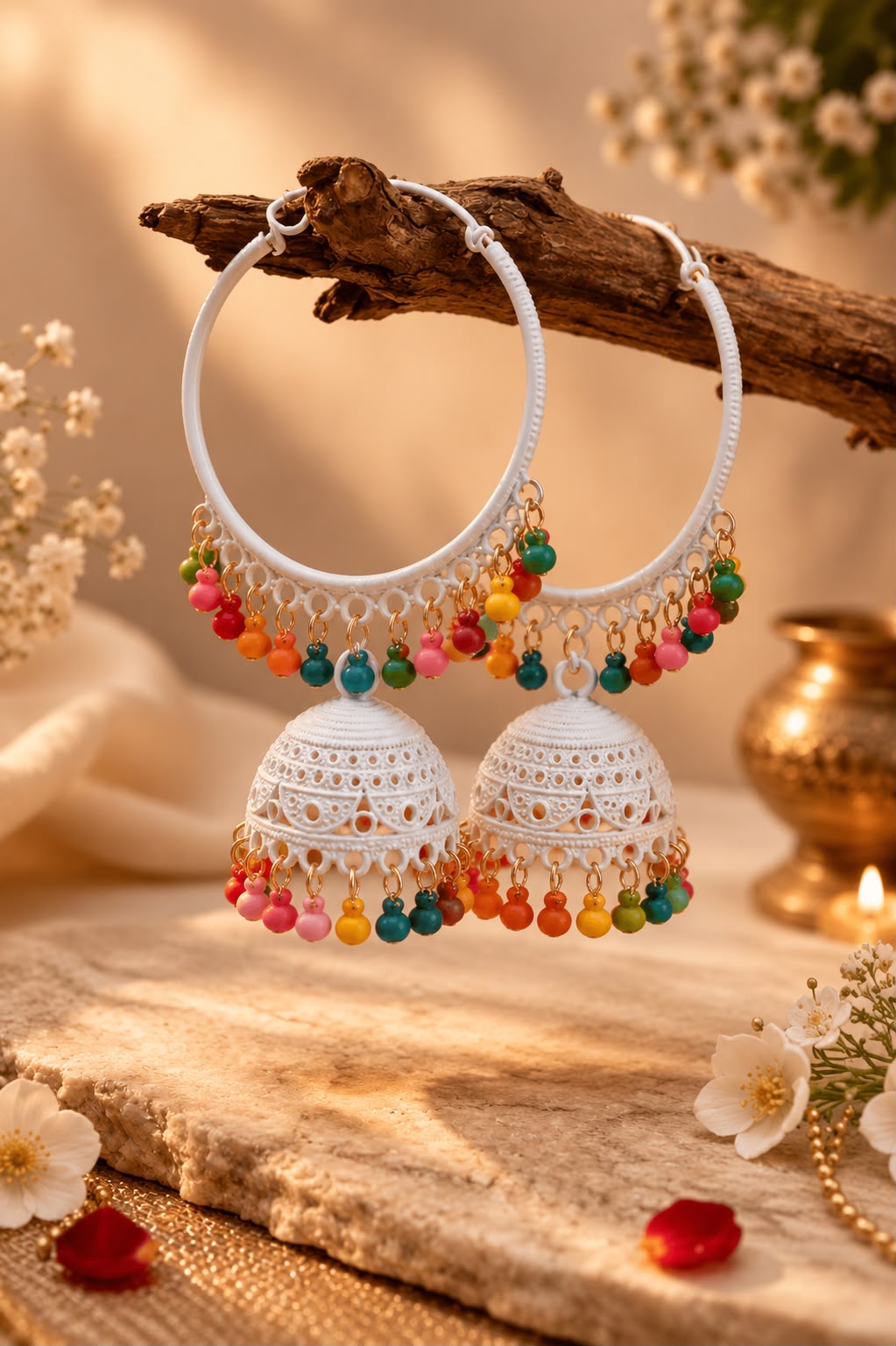 Rangoli White Multicolor Hoop Jhumka Earrings