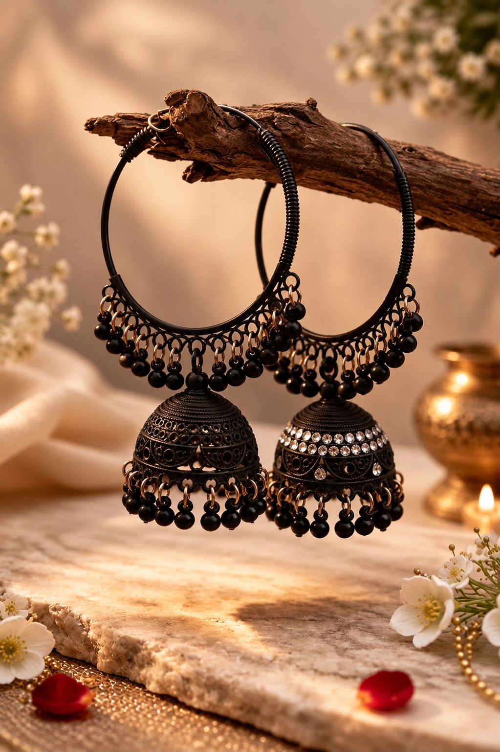 Black Crystal Hoop Jhumka Earrings