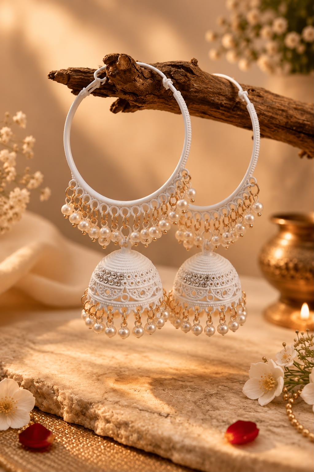 White Hoop Jhumka Earrings
