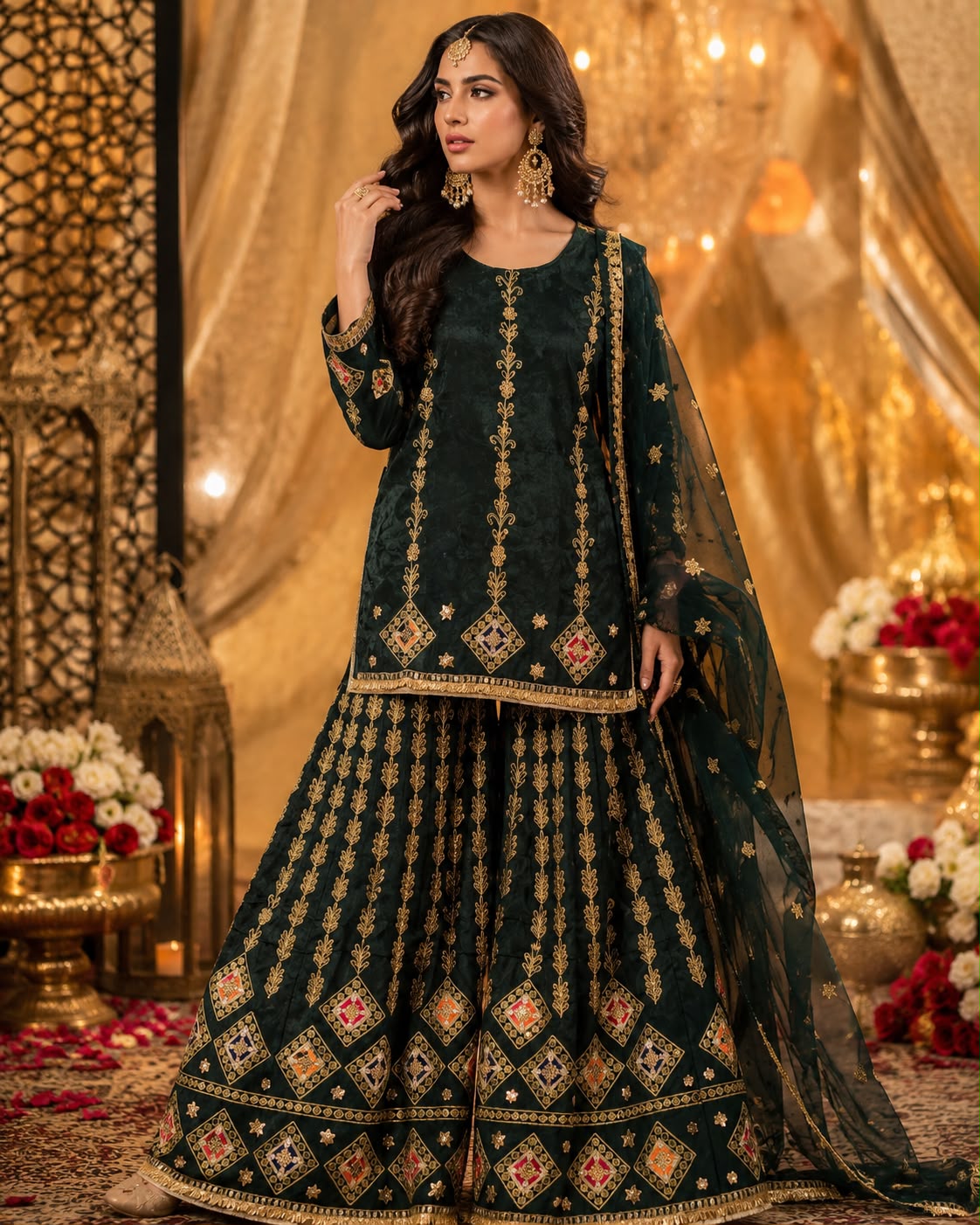 Emerald Green Embroidered Lehenga Set