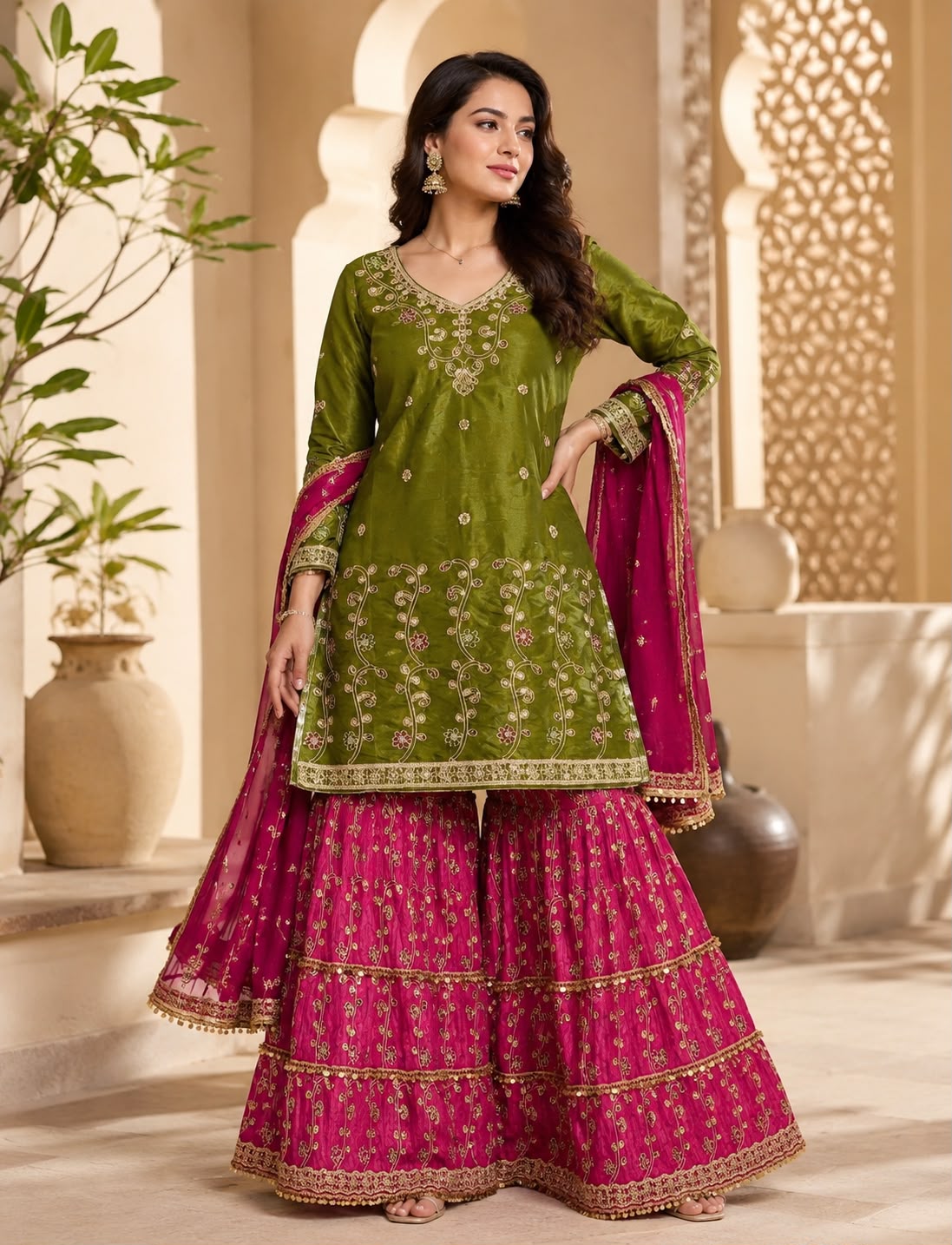 Olive Green & Pink Embroidered Lehenga