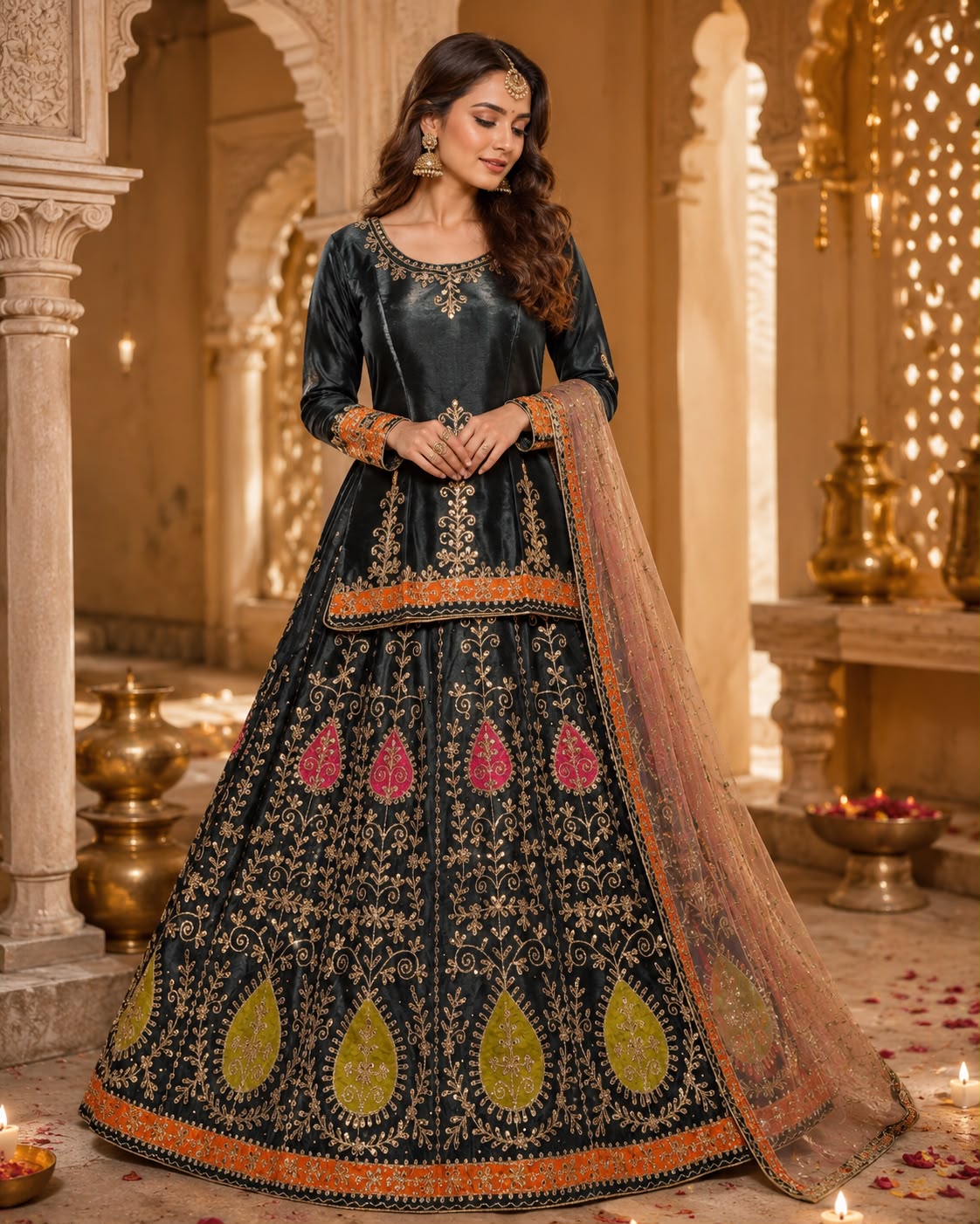 Black & Orange Embroidered Lehenga