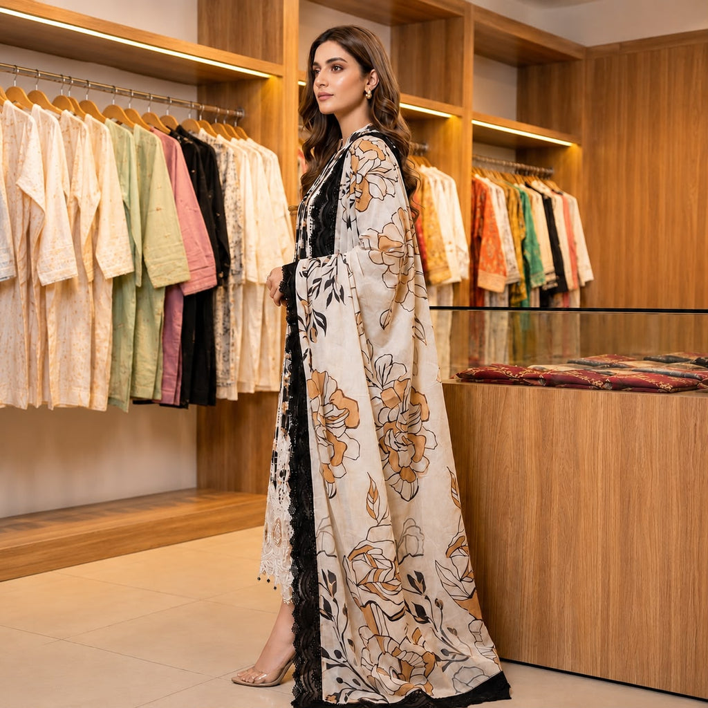 Premium Striped Lawn Digital Printed Daman Applique Tissue Lace Shirt | Digital Printed Voil Dupatta | Comfort Dyed Trouser