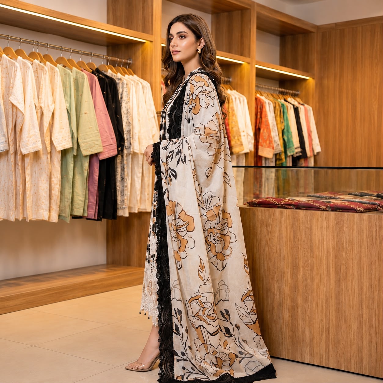 Premium Striped Lawn Digital Printed Daman Applique Tissue Lace Shirt | Digital Printed Voil Dupatta | Comfort Dyed Trouser