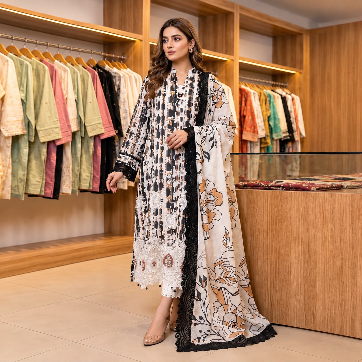 Premium Striped Lawn Digital Printed Daman Applique Tissue Lace Shirt | Digital Printed Voil Dupatta | Comfort Dyed Trouser
