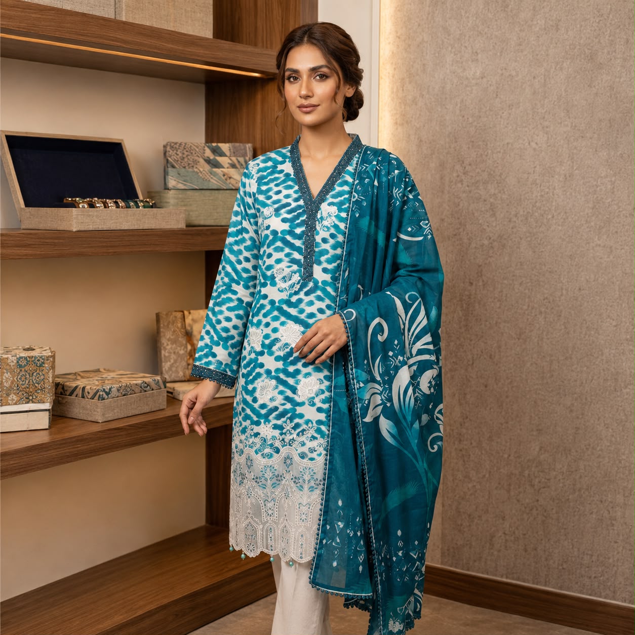 Premium Striped Lawn Digital Printed Daman Applique Tissue Lace Shirt | Digital Printed Voil Dupatta | Comfort Dyed Trouser