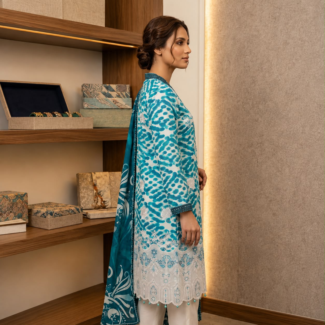 Premium Striped Lawn Digital Printed Daman Applique Tissue Lace Shirt | Digital Printed Voil Dupatta | Comfort Dyed Trouser