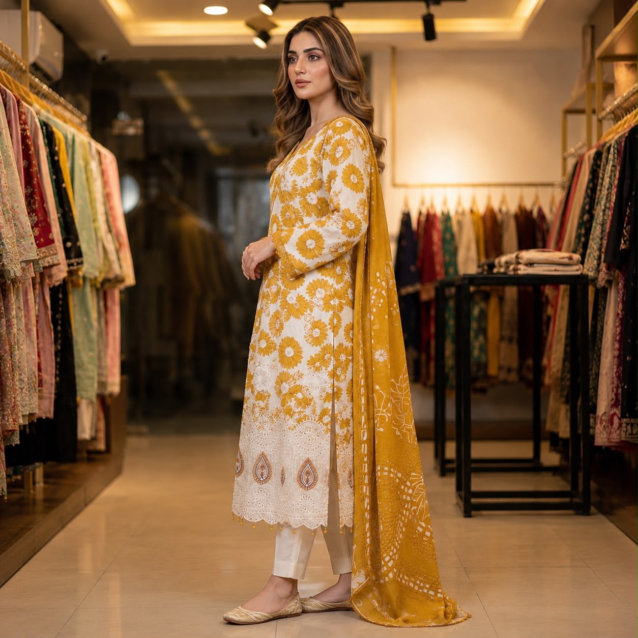 Premium Striped Lawn Digital Printed Daman Applique Tissue Lace Shirt | Digital Printed Voil Dupatta | Comfort Dyed Trouser