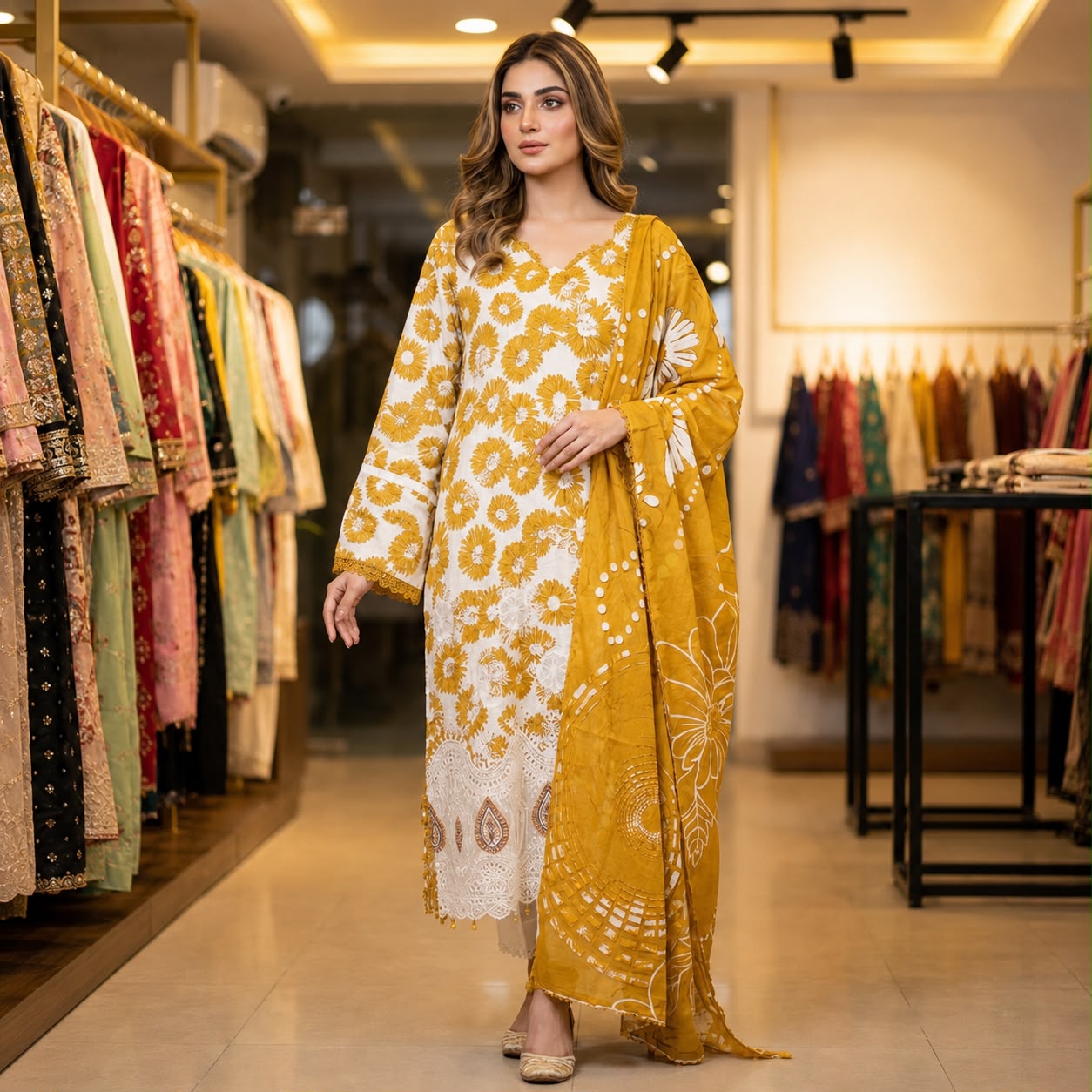 Premium Striped Lawn Digital Printed Daman Applique Tissue Lace Shirt | Digital Printed Voil Dupatta | Comfort Dyed Trouser