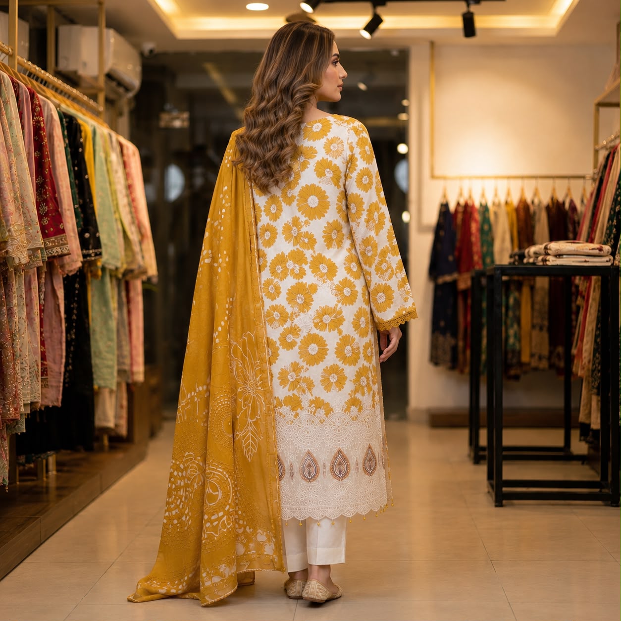 Premium Striped Lawn Digital Printed Daman Applique Tissue Lace Shirt | Digital Printed Voil Dupatta | Comfort Dyed Trouser