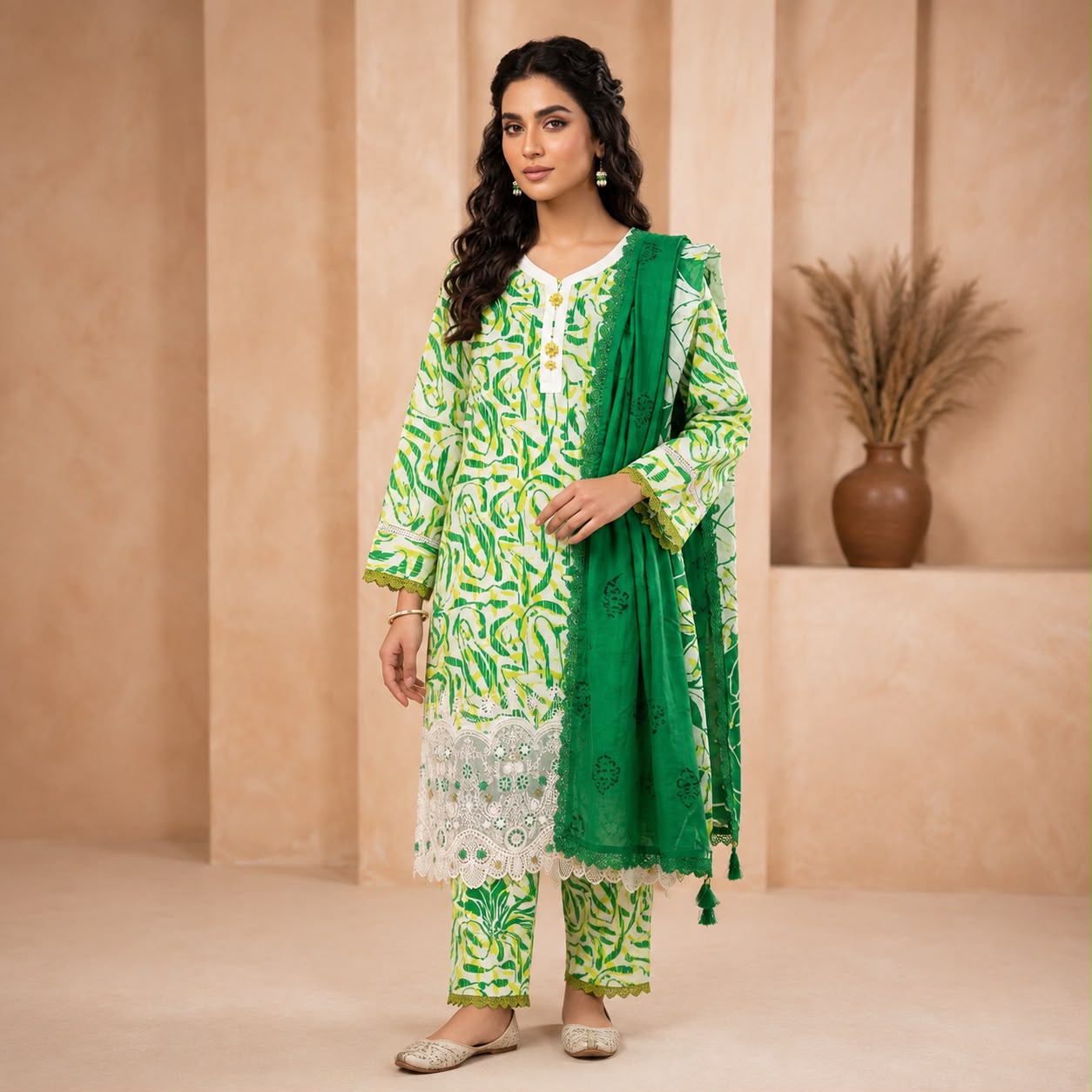 Premium Striped Lawn Digital Printed Daman Applique Tissue Lace Shirt | Digital Printed Voil Dupatta | Comfort Dyed Trouser