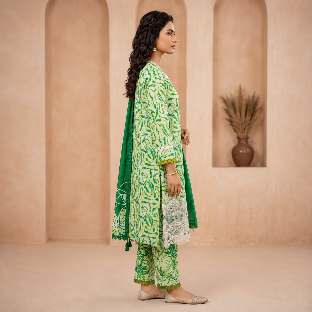 Premium Striped Lawn Digital Printed Daman Applique Tissue Lace Shirt | Digital Printed Voil Dupatta | Comfort Dyed Trouser