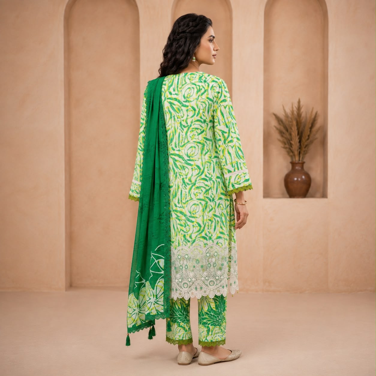 Premium Striped Lawn Digital Printed Daman Applique Tissue Lace Shirt | Digital Printed Voil Dupatta | Comfort Dyed Trouser