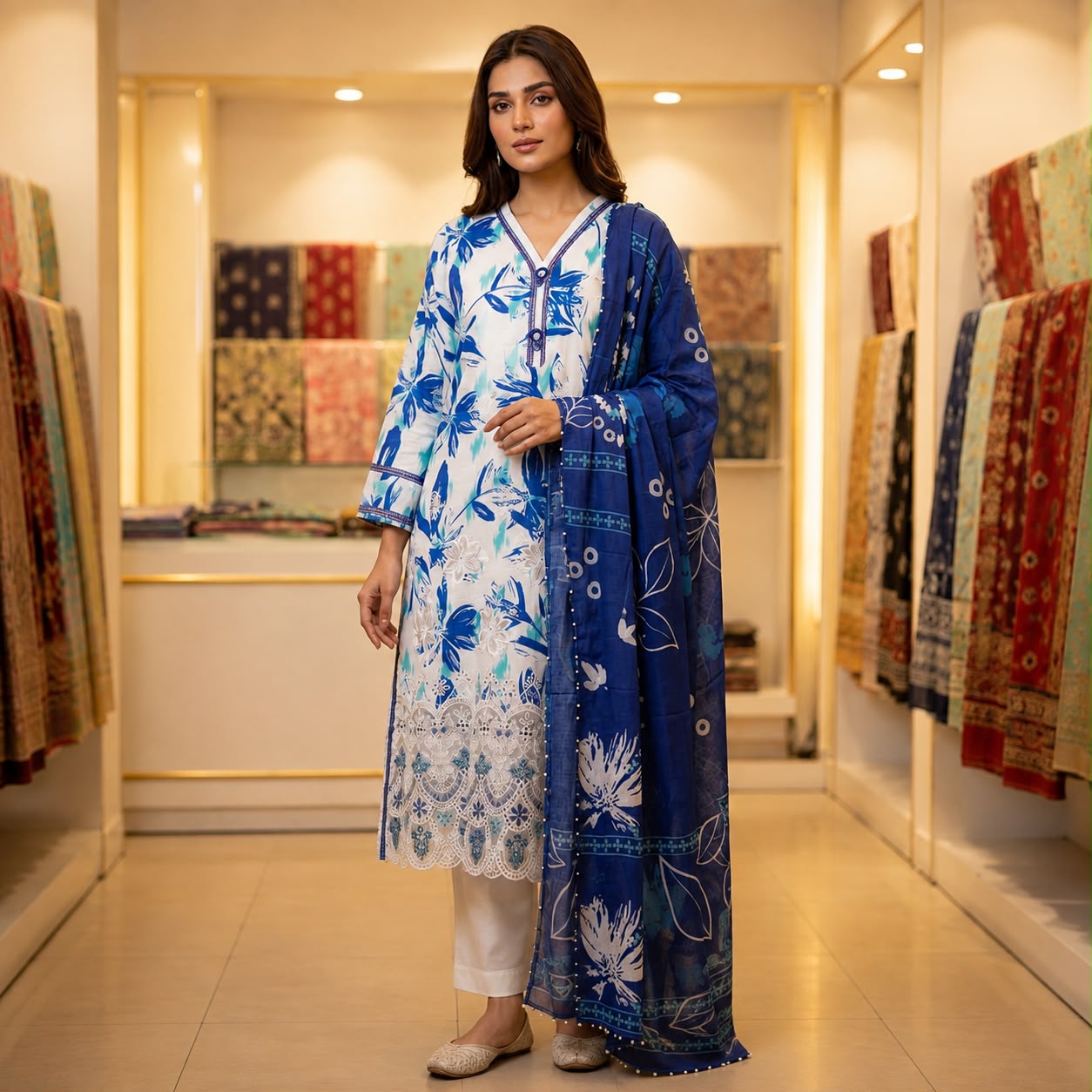 Premium Striped Lawn Digital Printed Daman Applique Tissue Lace Shirt | Digital Printed Voil Dupatta | Comfort Dyed Trouser