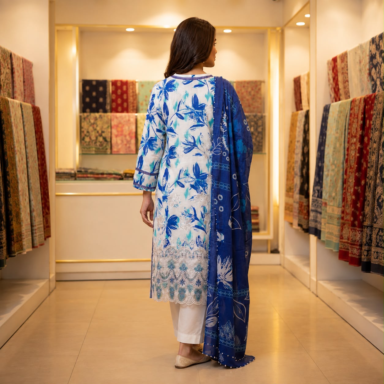 Premium Striped Lawn Digital Printed Daman Applique Tissue Lace Shirt | Digital Printed Voil Dupatta | Comfort Dyed Trouser