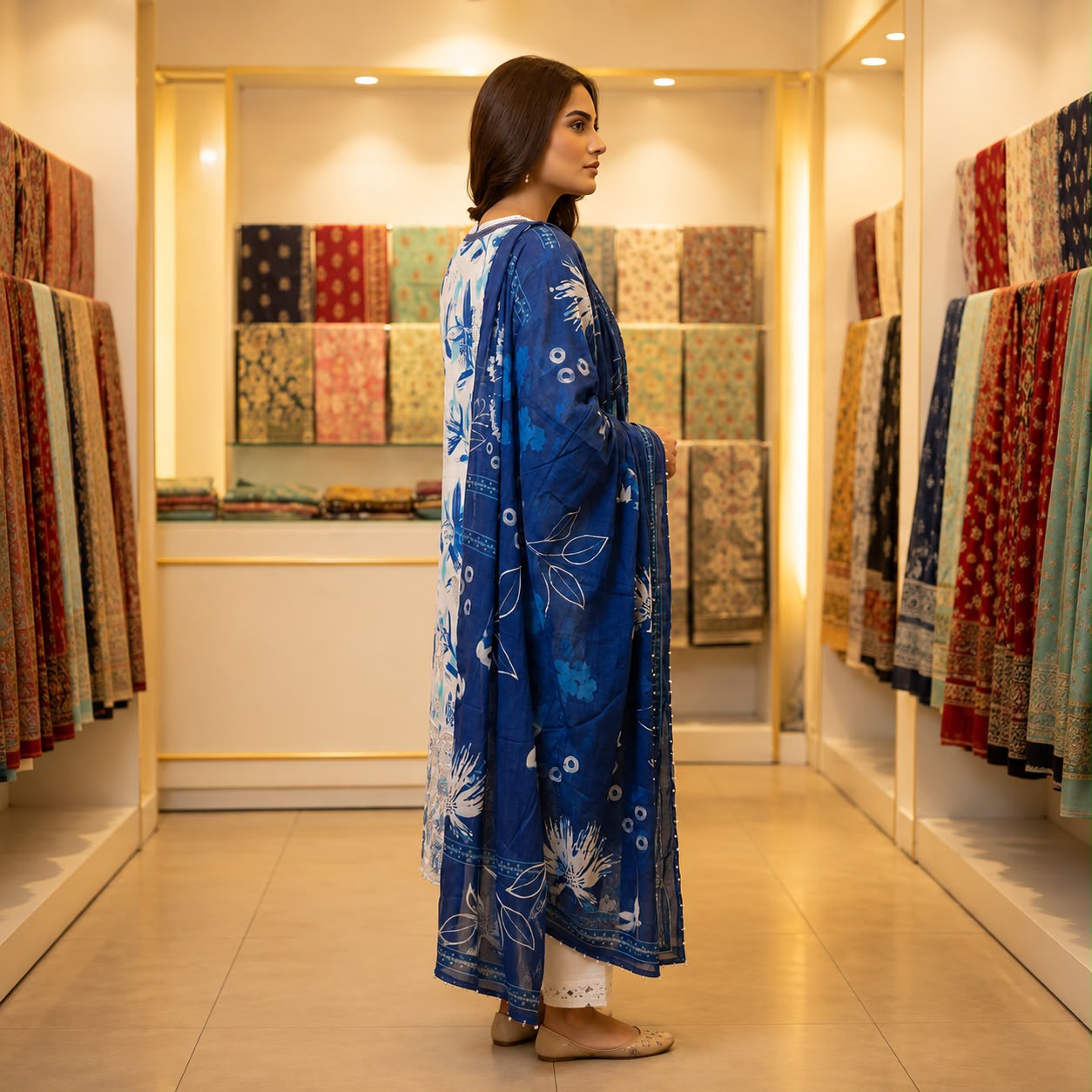 Premium Striped Lawn Digital Printed Daman Applique Tissue Lace Shirt | Digital Printed Voil Dupatta | Comfort Dyed Trouser