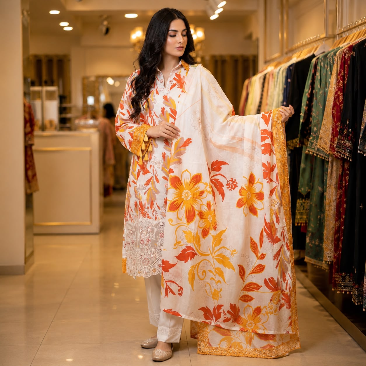 Premium Striped Lawn Digital Printed Shirt with Daman Applique Tissue Lace | Digital Printed Voil Dupatta | Comfort Dyed Trouser