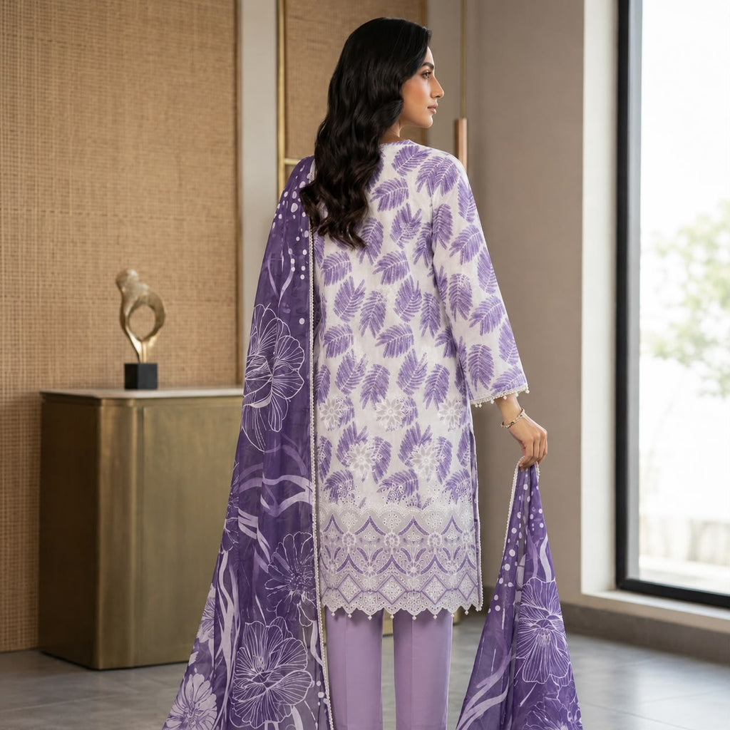 Premium Striped Lawn Digital Printed Shirt with Daman Applique Tissue Lace | Digital Printed Voil Dupatta | Comfort Dyed Trouser