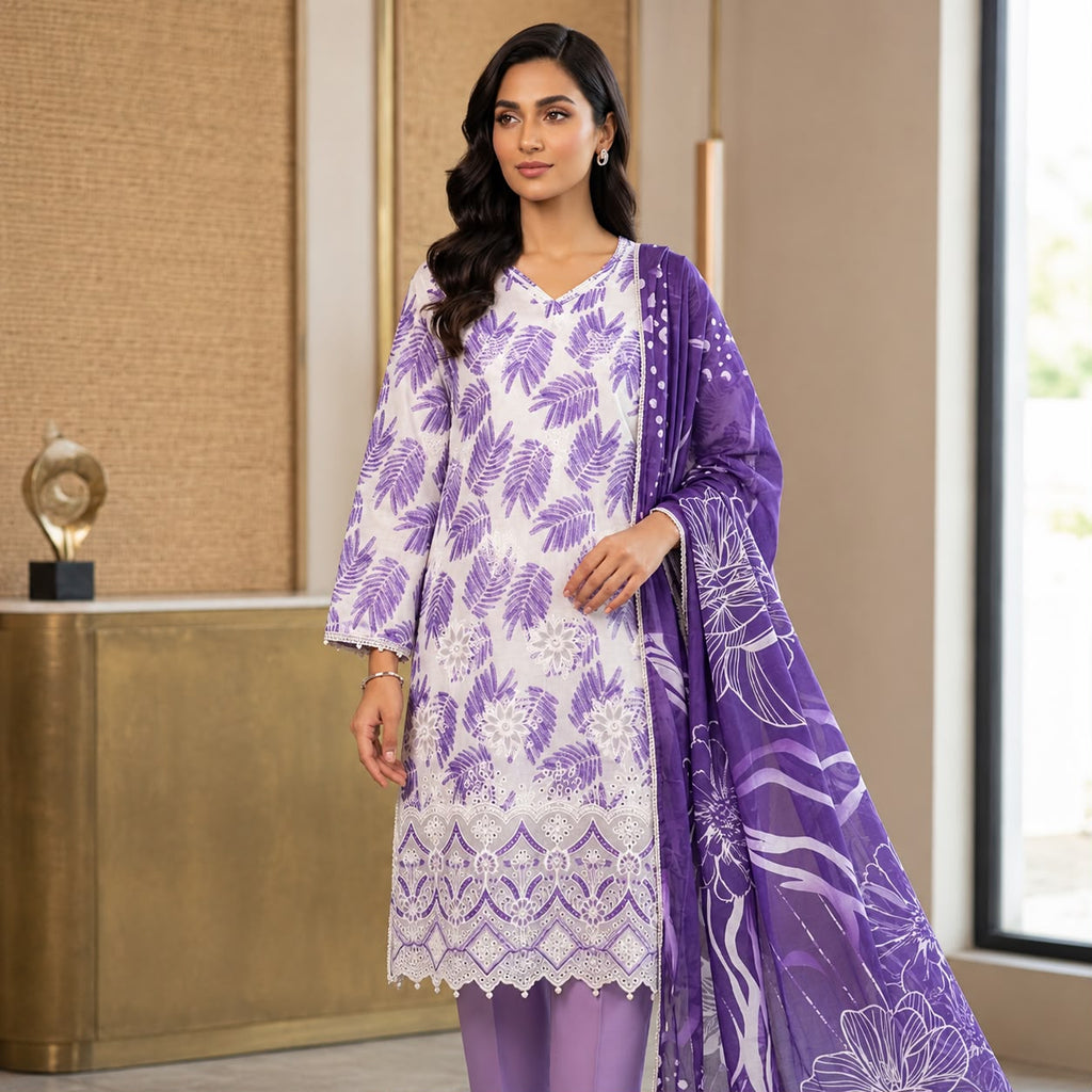 Premium Striped Lawn Digital Printed Shirt with Daman Applique Tissue Lace | Digital Printed Voil Dupatta | Comfort Dyed Trouser