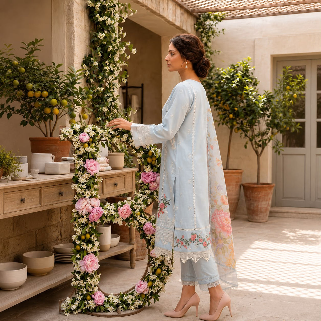 Ethereal Ice Blue Embroidered 3-Piece Suit D#1538
