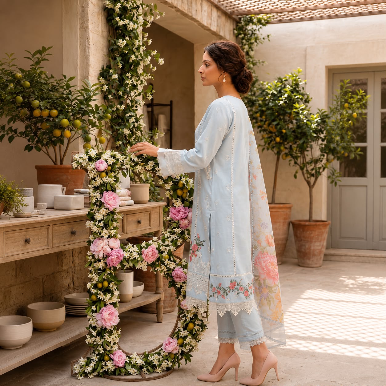 Ethereal Ice Blue Embroidered 3-Piece Suit D#1538