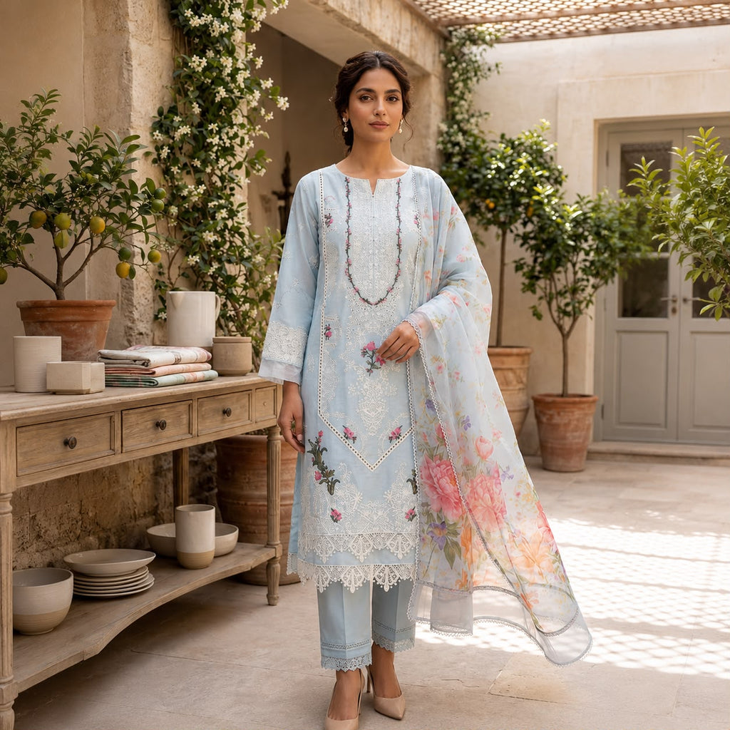 Ethereal Ice Blue Embroidered 3-Piece Suit D#1538