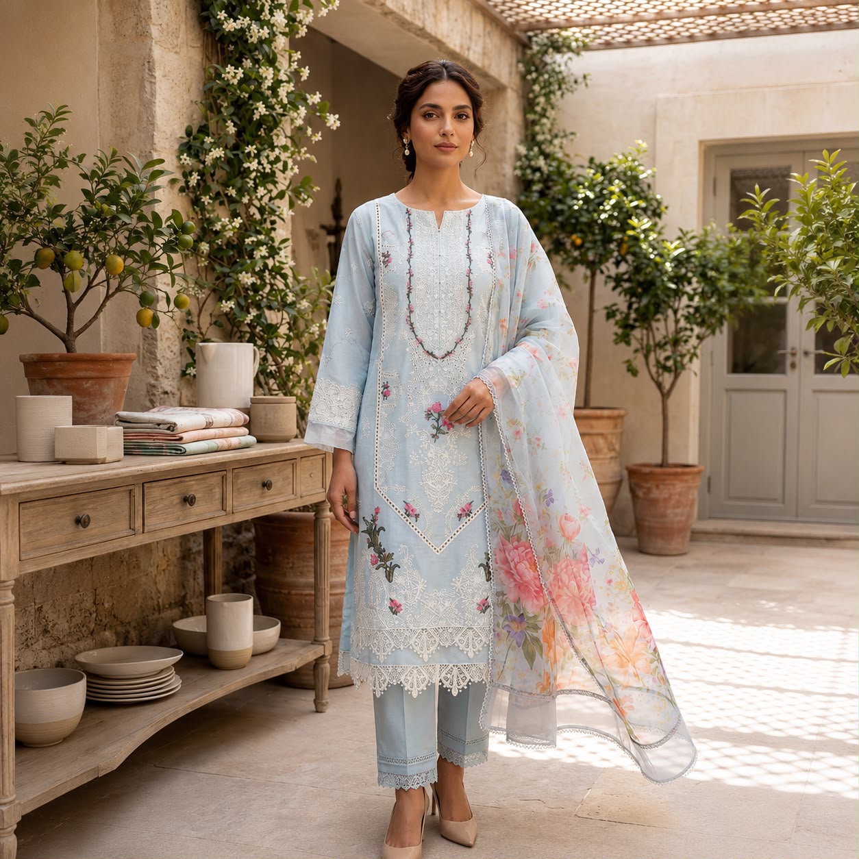 Ethereal Ice Blue Embroidered 3-Piece Suit D#1538