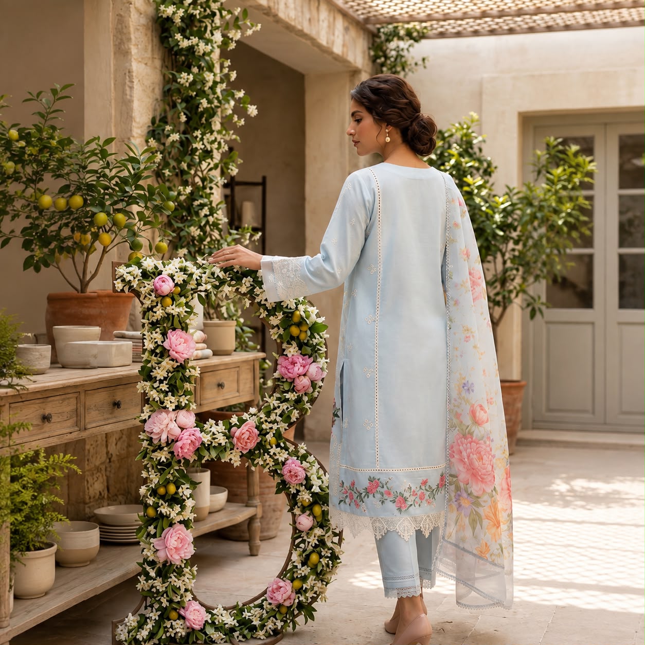 Ethereal Ice Blue Embroidered 3-Piece Suit D#1538