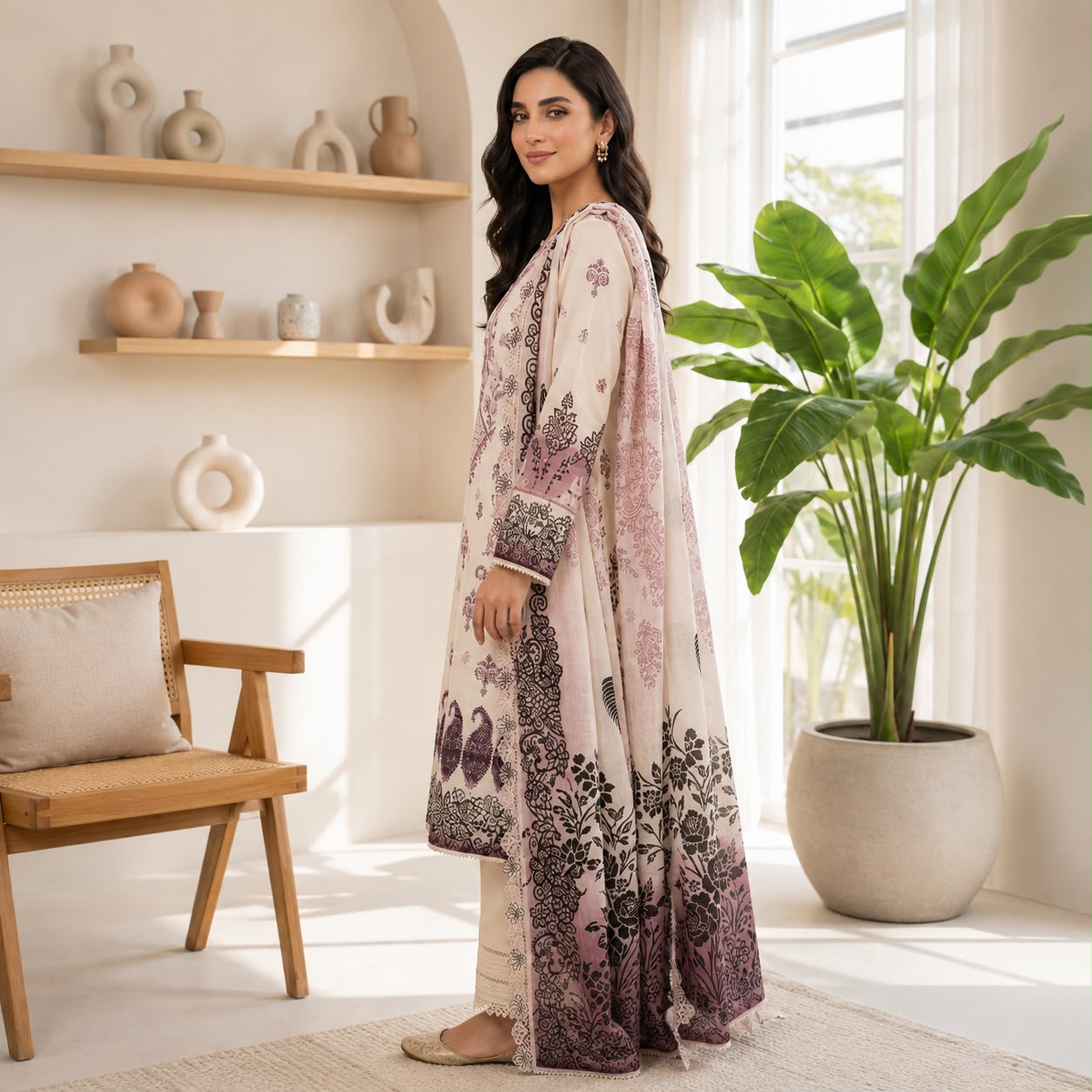 Elegant Pink & Plum Printed 3-Piece Suit vol#962 D#5