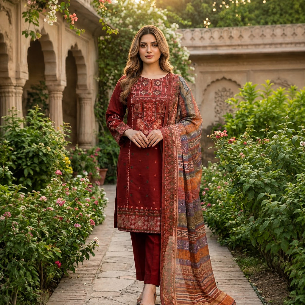 Rust Maroon Printed 3-Piece Suit #D1137