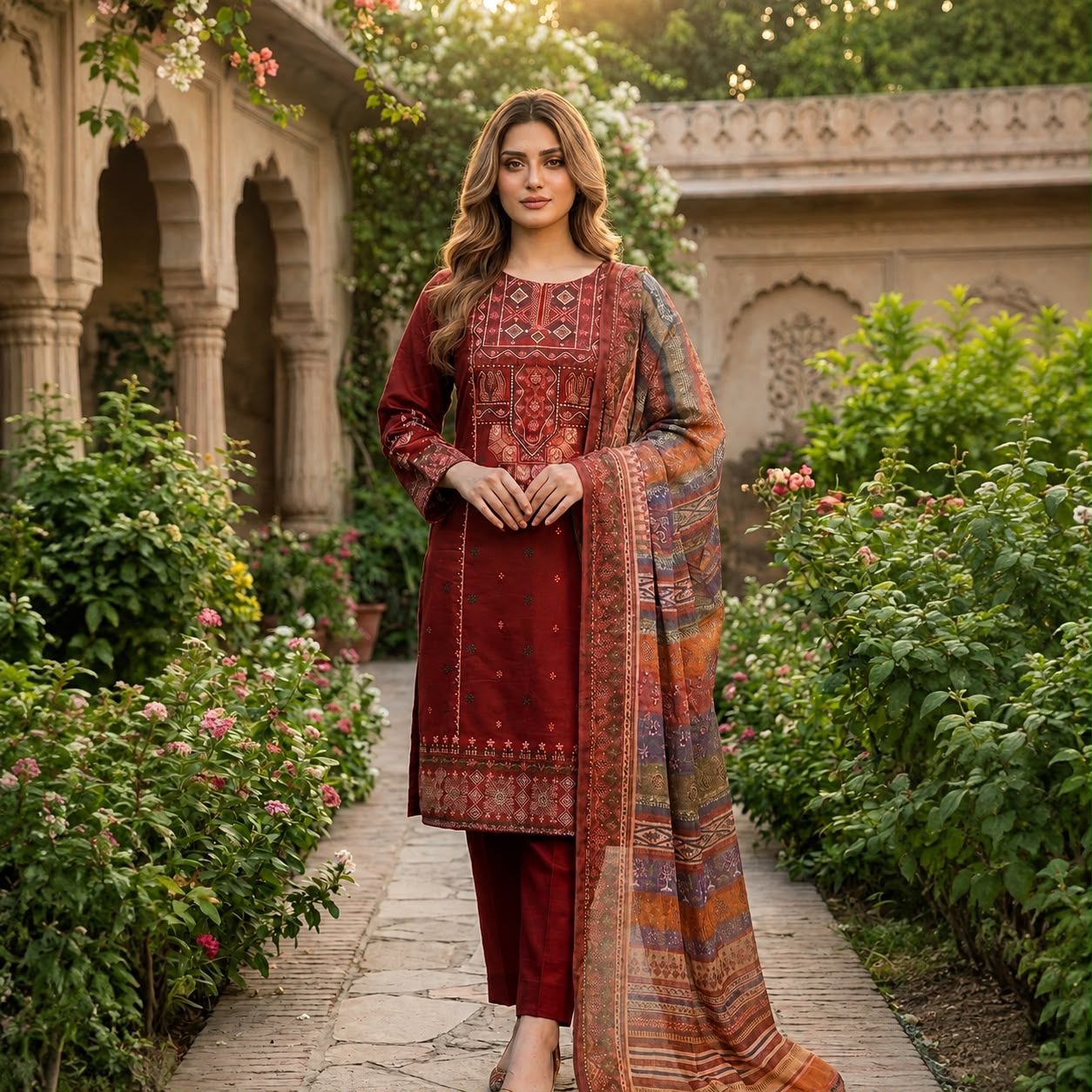 Rust Maroon Printed 3-Piece Suit #D1137