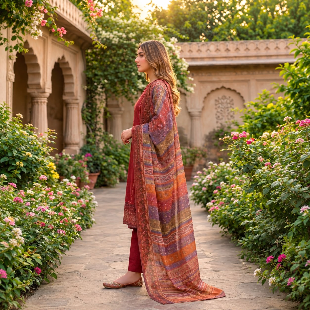 Rust Maroon Printed 3-Piece Suit #D1137
