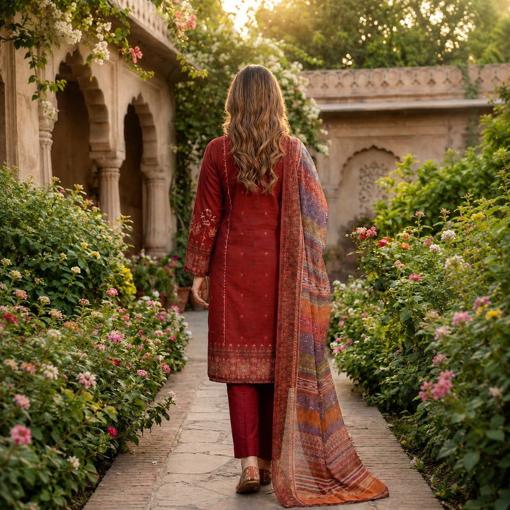 Rust Maroon Printed 3-Piece Suit #D1137