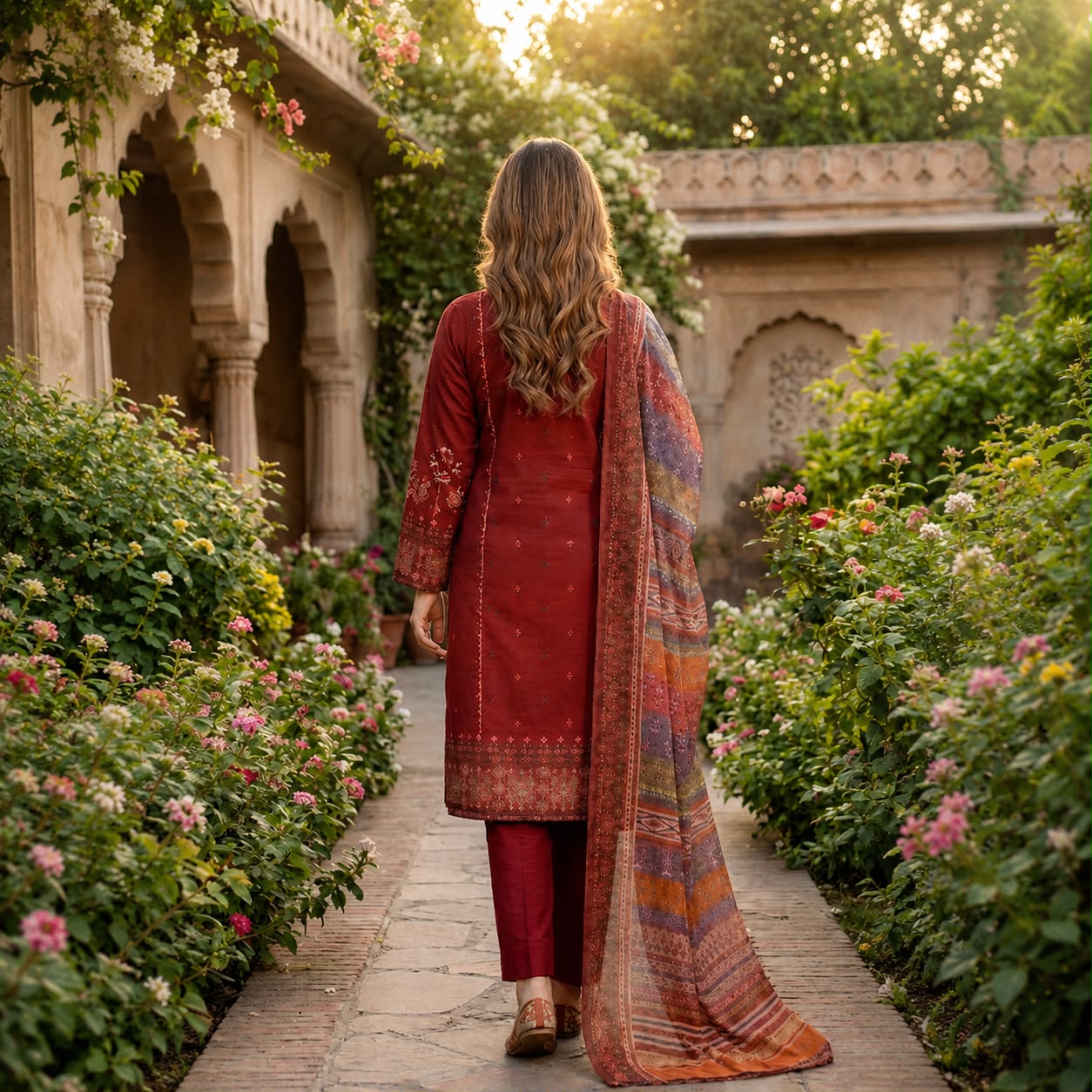 Rust Maroon Printed 3-Piece Suit #D1137