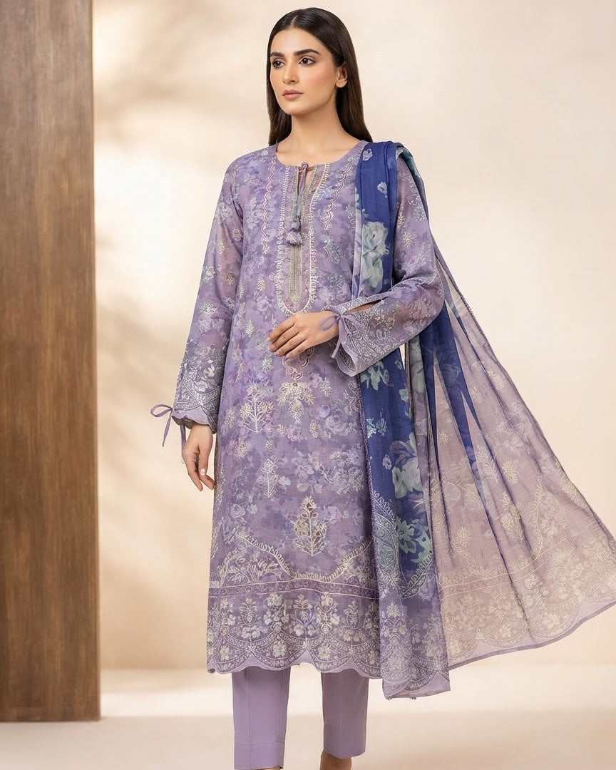 Lavender Floral Embroidered 3-Piece Kurta Set with Chiffon Dupatta