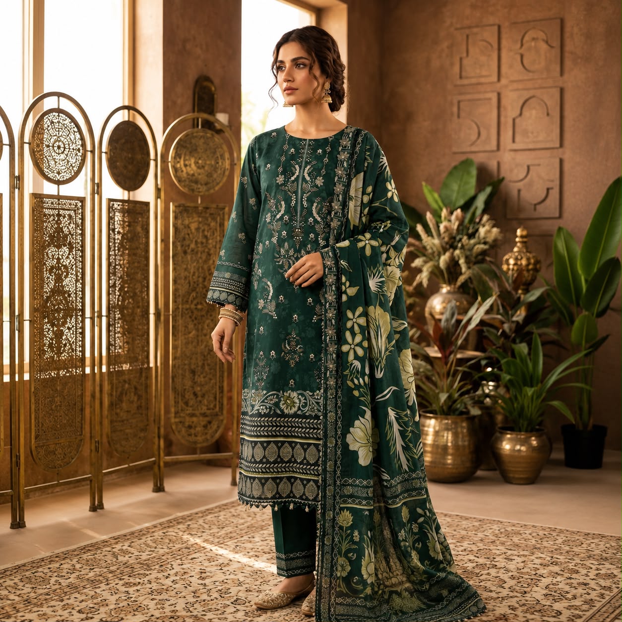 Emerald Green Floral 3-Piece Suit VOL962 D#3