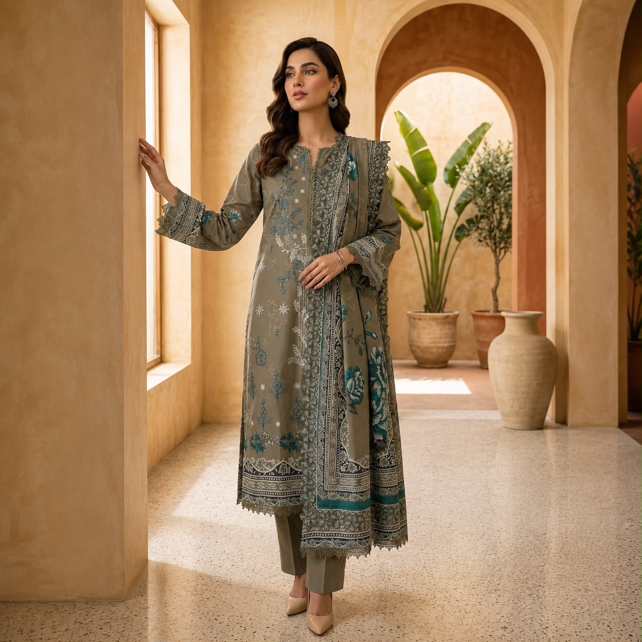 Olive Embroidered 3-Piece Suit VOL 962 D#10
