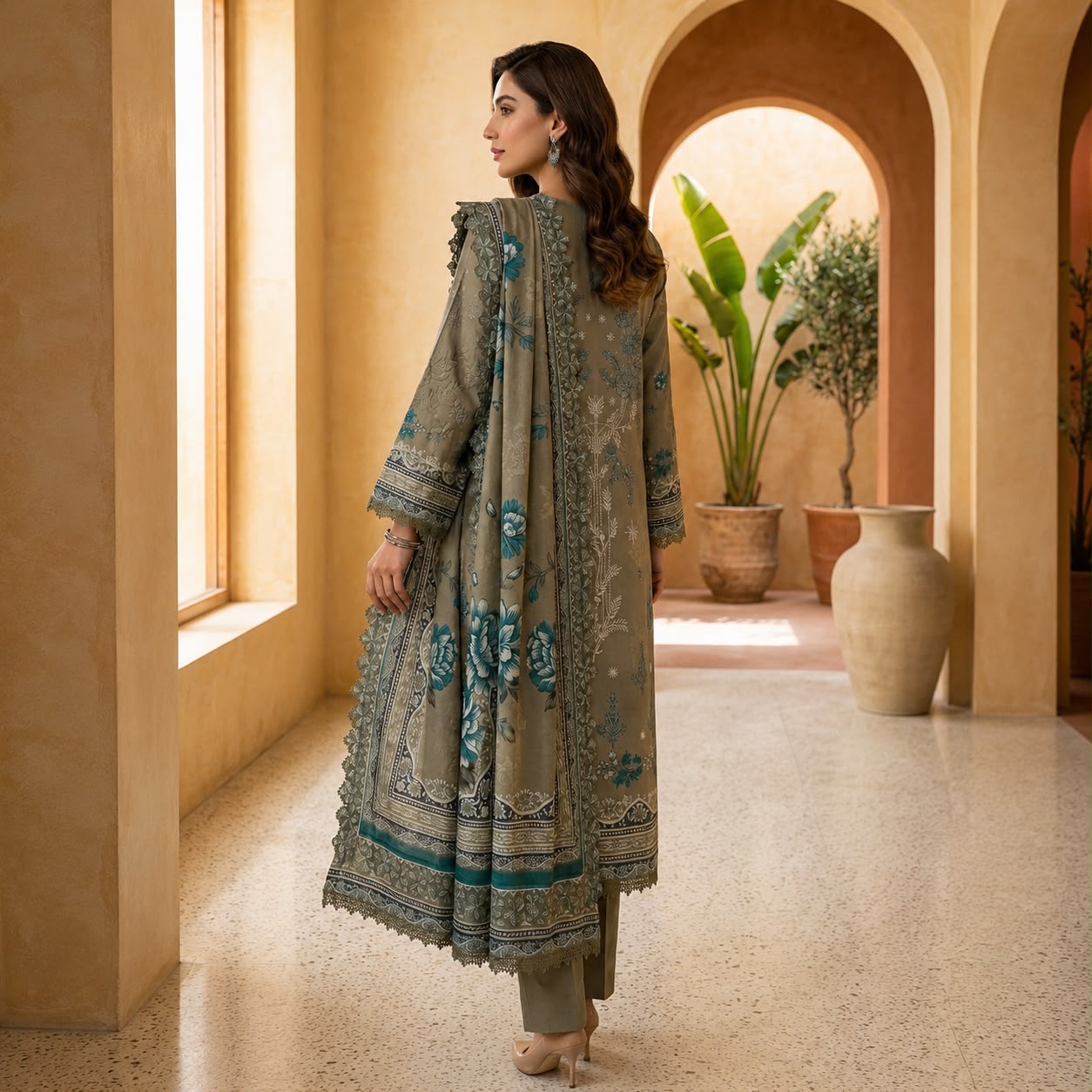 Olive Embroidered 3-Piece Suit VOL 962 D#10