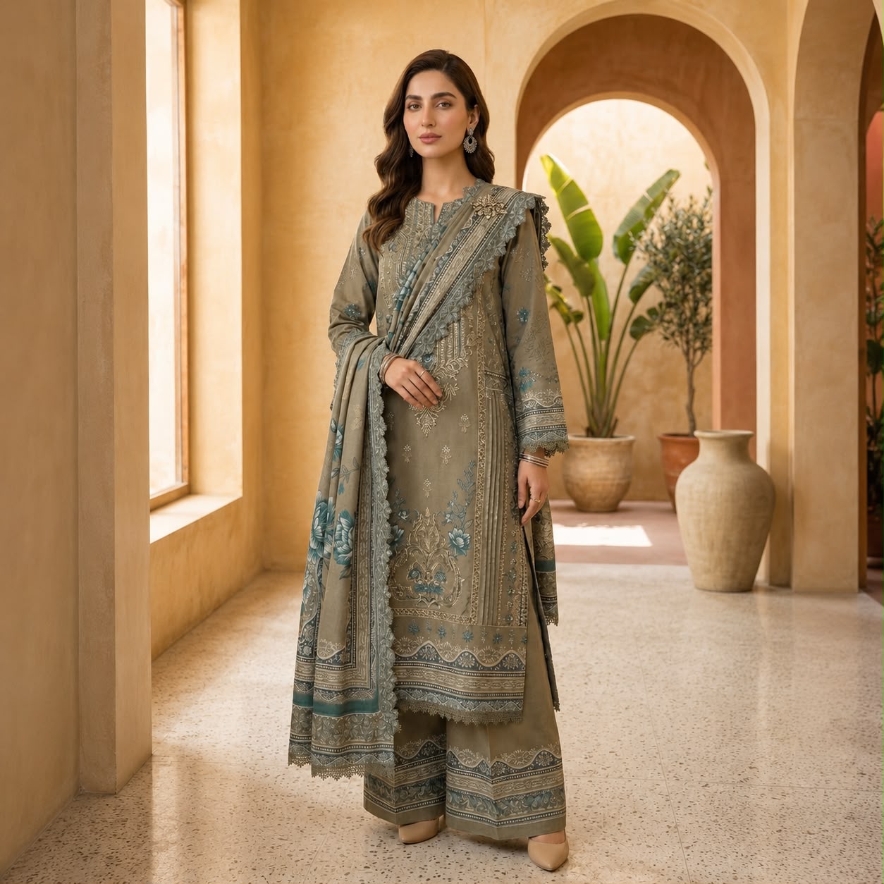 Olive Embroidered 3-Piece Suit VOL 962 D#10
