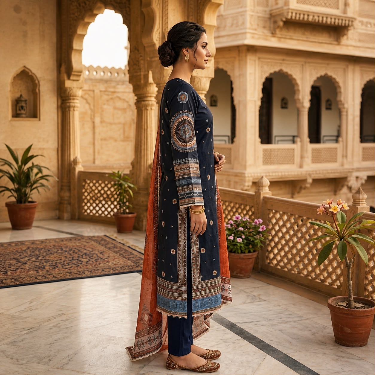 Elegant Navy Blue Embroidered 3-Piece Suit with Rust Dupatta D#260