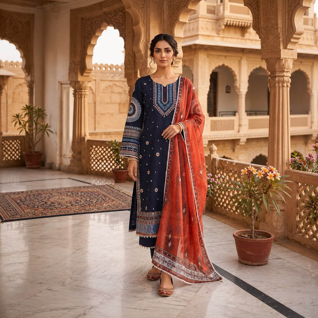 Elegant Navy Blue Embroidered 3-Piece Suit with Rust Dupatta D#260