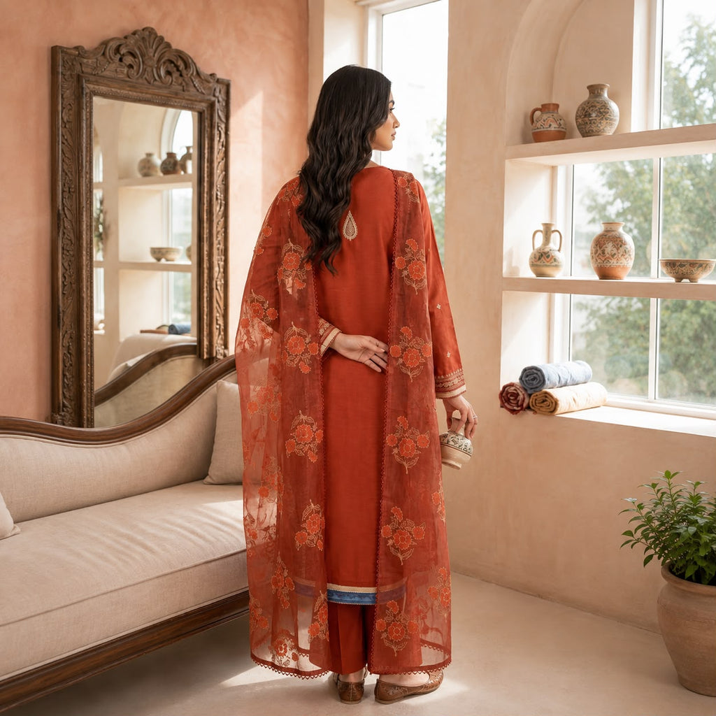 Rust Red Embroidered 3-Piece Suit d#891