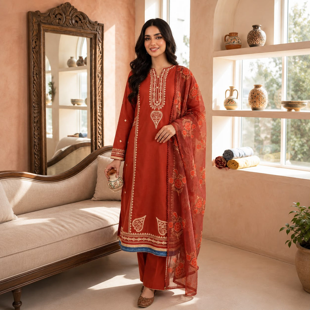 Rust Red Embroidered 3-Piece Suit d#891
